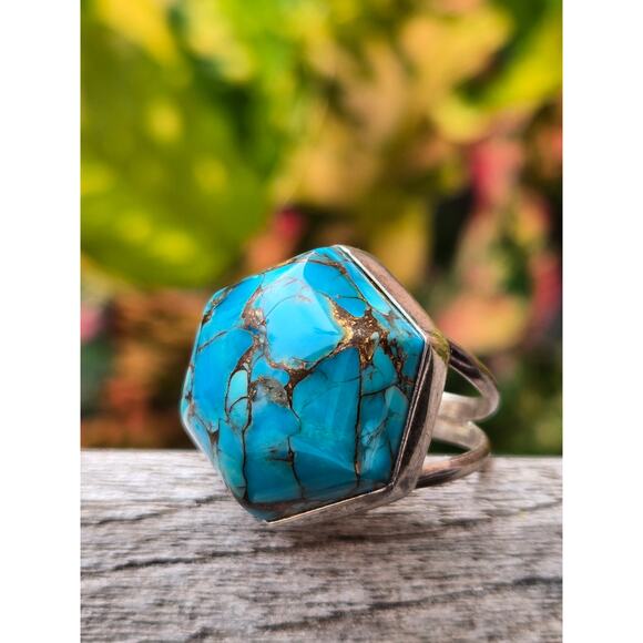 Vintage Jay King Turquoise Sterling Silver Ring Hexagon Domed Gemstone Ring Sz 6 - Picture 1 of 6